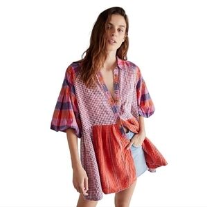 FP Sunshine Bay Patchwork Oversized Top Colorful Puff Sleeves Indie Maximalist